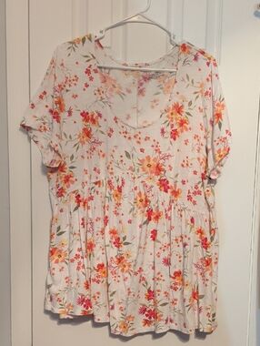 Lane Bryant Floral Scoop-Neck Top - White with Orange, Pink & Green Sz 18/20